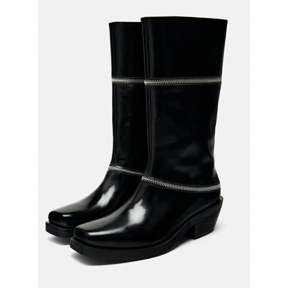 NWT Zara Black ZIPPERED LEATHER Mid Calf Boots 6